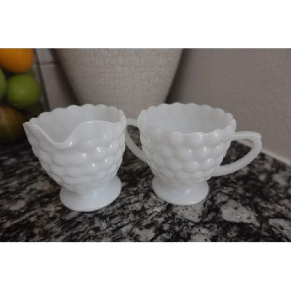 Vintage bubble white‎ milk glass creamer and sugar set